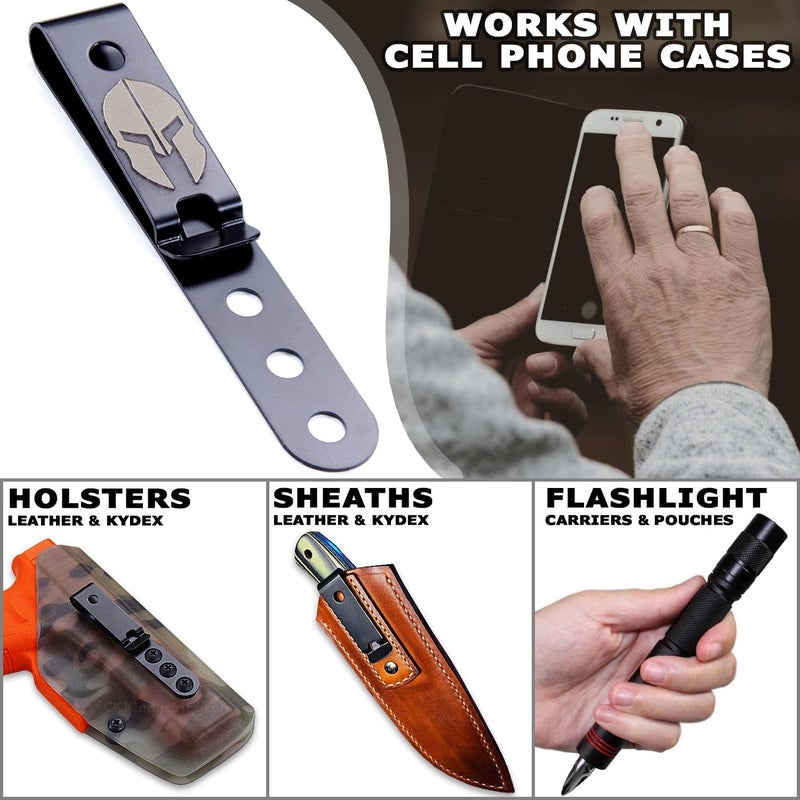 Holstex HolsterSmith Universal Metal Belt Clip for Holster Making - (Model 5) - (3-Hole) - (Tactical Black) - (w/Spartan Helmet Engraving) - (1 Pack) - Image 2